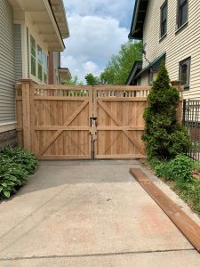 Kenosha Residential Fences 6  Cedar Executive with Classic Caps inside view of double gate 225x300